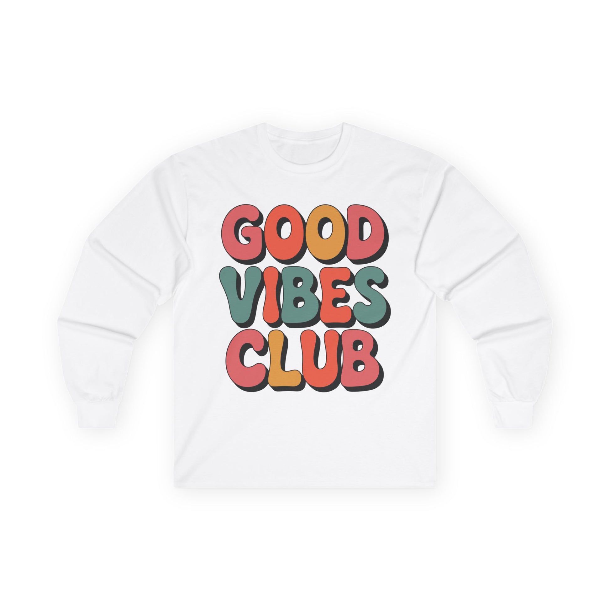 TEEZOCA colorful good vibes club text graphic unisex long-sleeve t-shirt White sweatshirt with 'Good Vibes Club' text in colorful letters on a white background