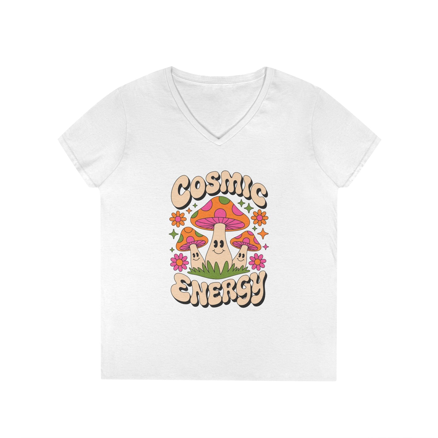 Cosmic Energy Happy Mushroom Graphic V-Neck T-Shirt for Women | TEEZOCA 