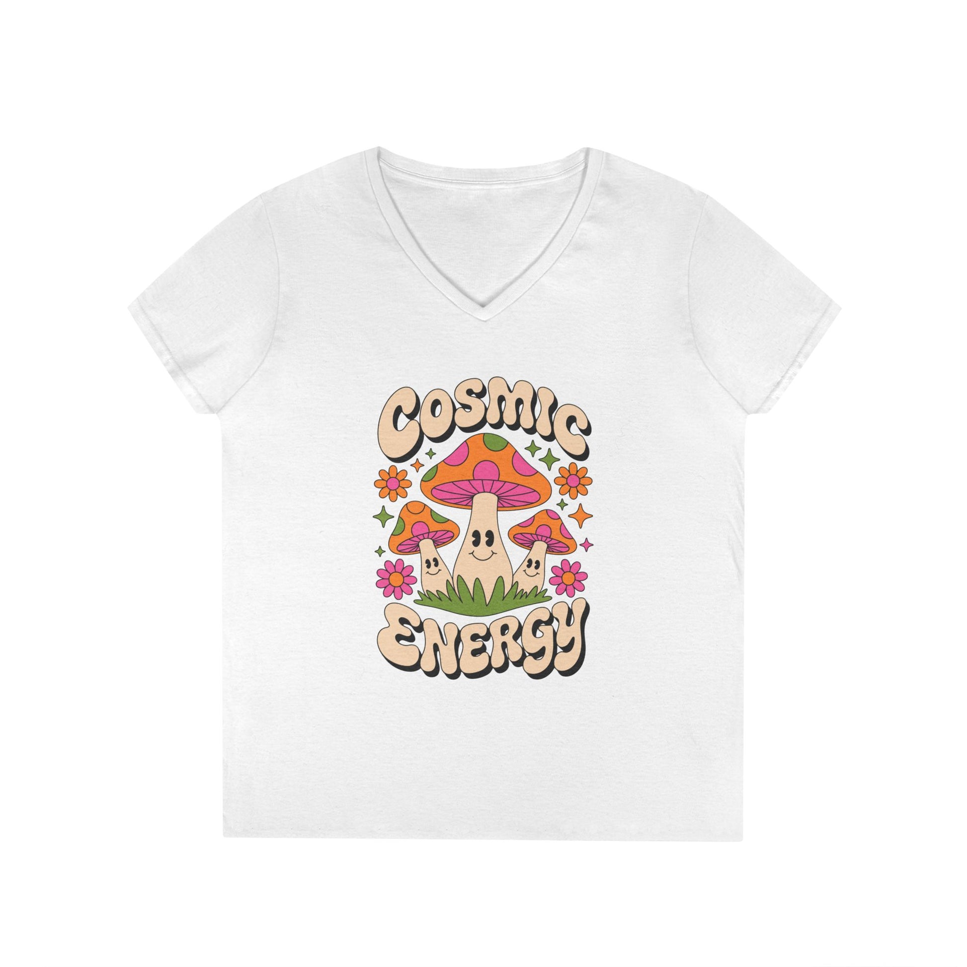 Cosmic Energy Happy Mushroom Graphic V-Neck T-Shirt for Women | TEEZOCA 