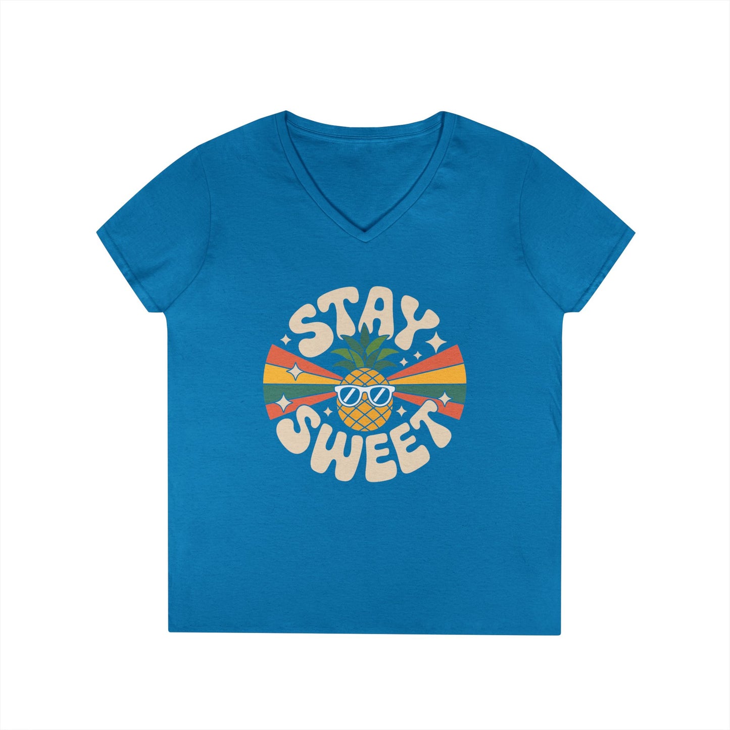Stay Sweet Pineapple V-Neck T-Shirt for Women Retro Summer Vibes Style | TEEZOCA 