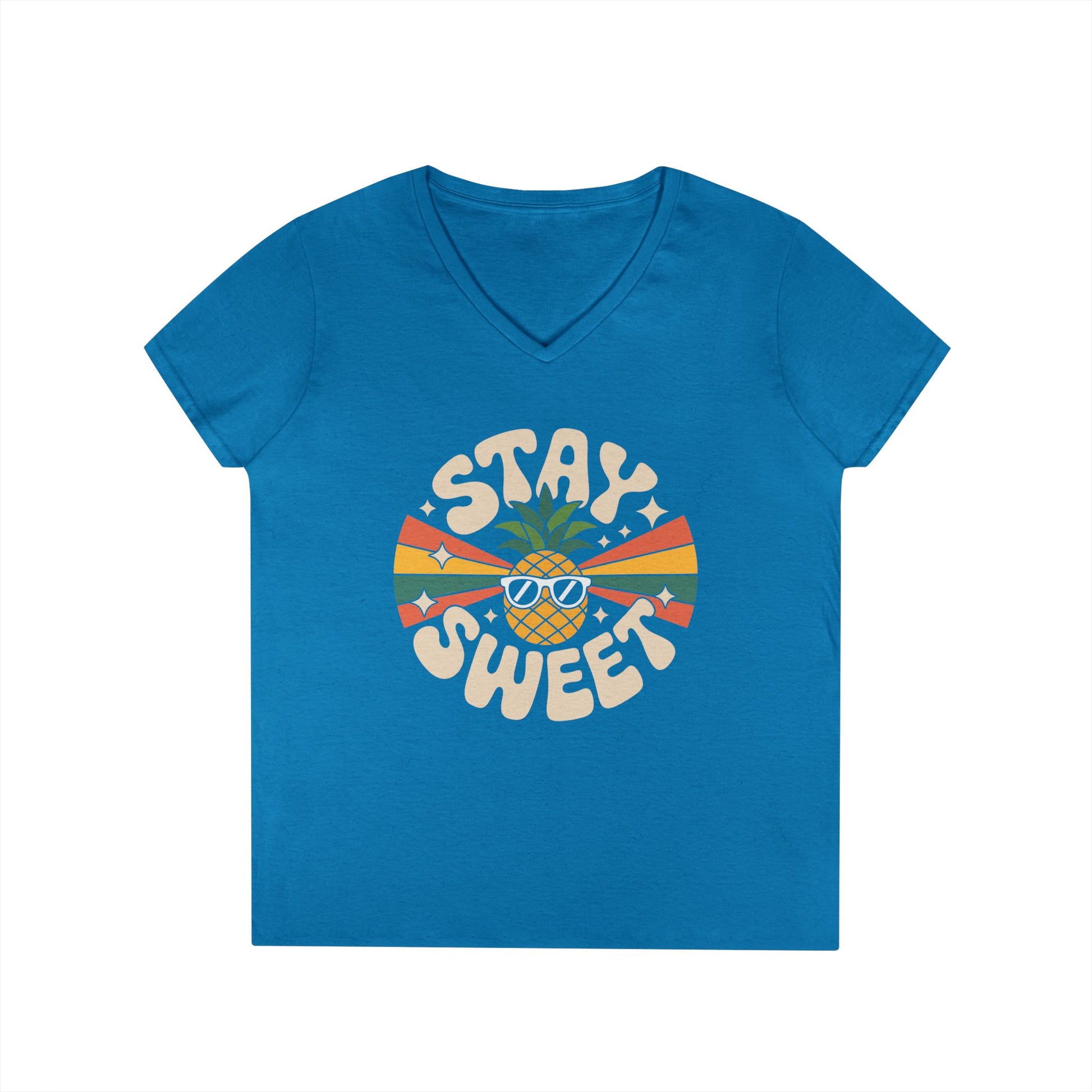 Stay Sweet Pineapple V-Neck T-Shirt for Women Retro Summer Vibes Style | TEEZOCA 
