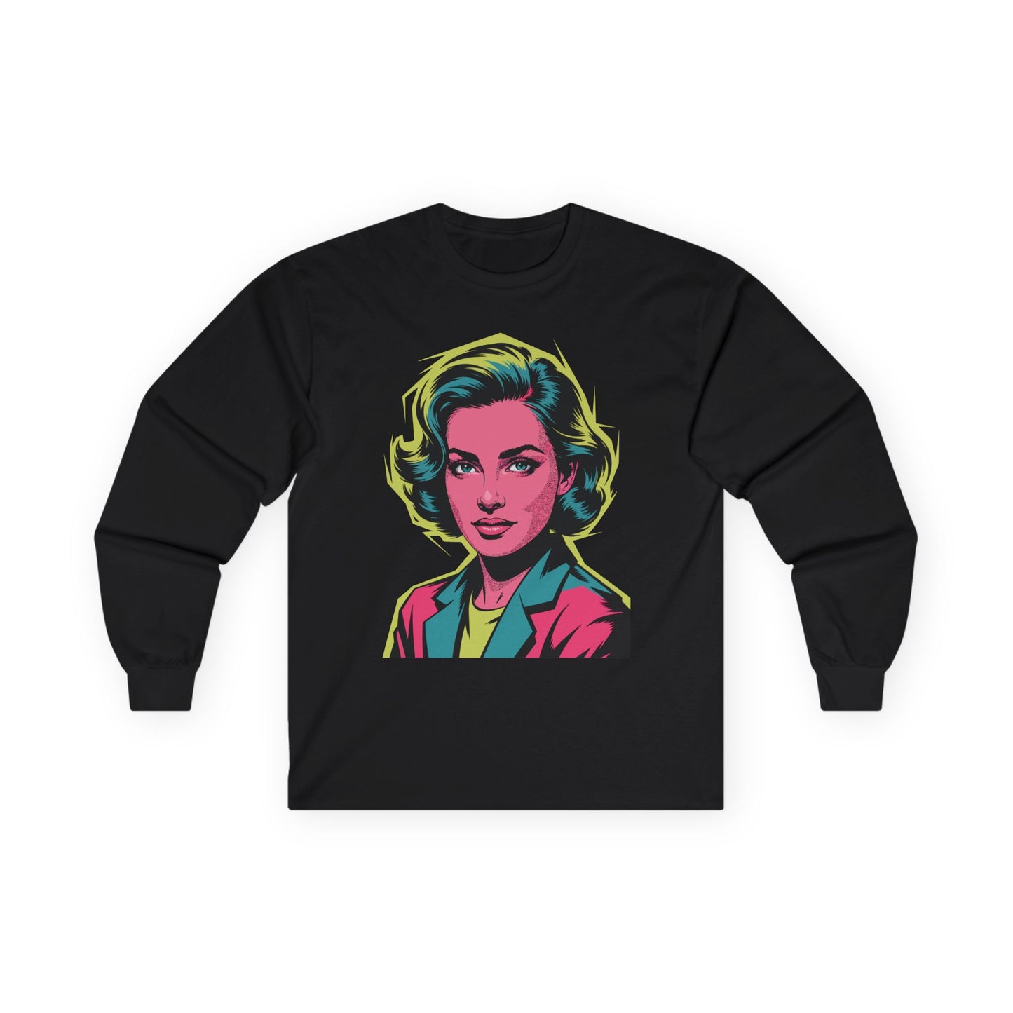 TEEZOCA colorful retro pop art woman illustration unisex long-sleeve t-shirt Black long-sleeve shirt with a colorful graphic of a woman's face on a white background