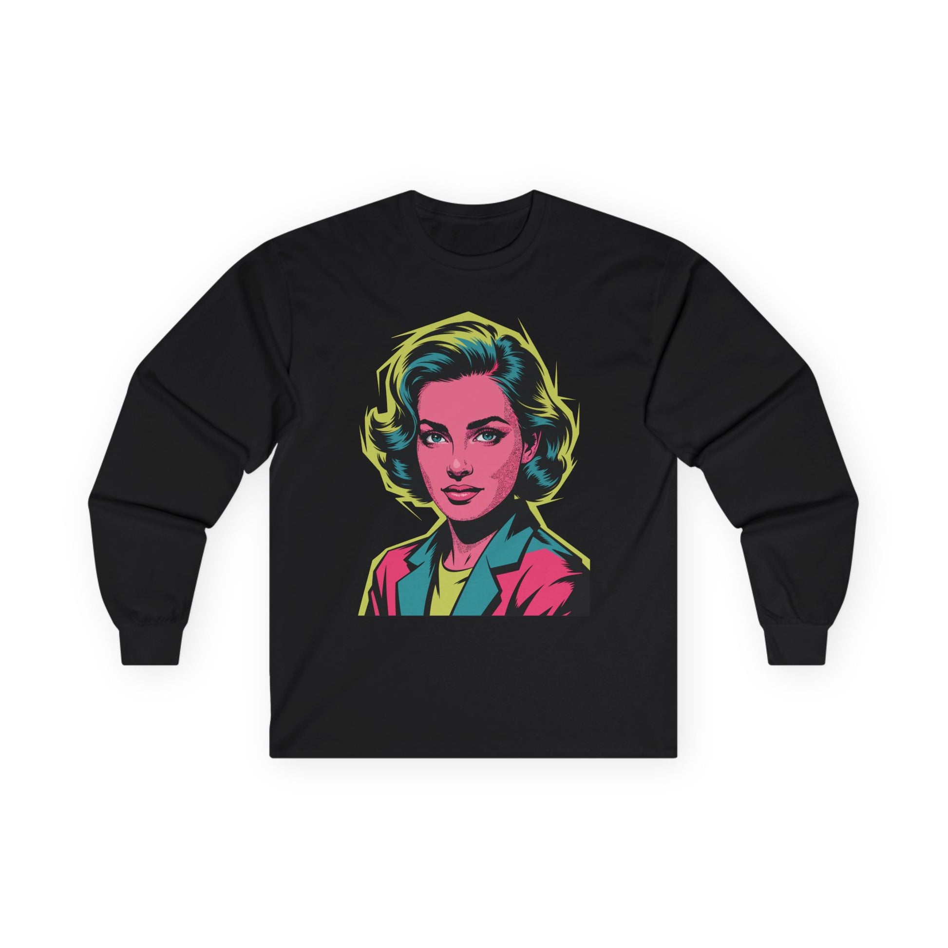 TEEZOCA colorful retro pop art woman illustration unisex long-sleeve t-shirt Black long-sleeve shirt with a colorful graphic of a woman's face on a white background