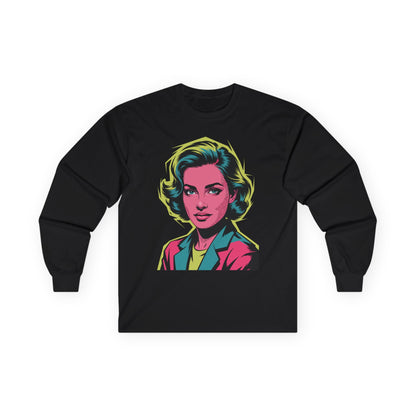 TEEZOCA colorful retro pop art woman illustration unisex long-sleeve t-shirt Black long-sleeve shirt with a colorful graphic of a woman's face on a white background
