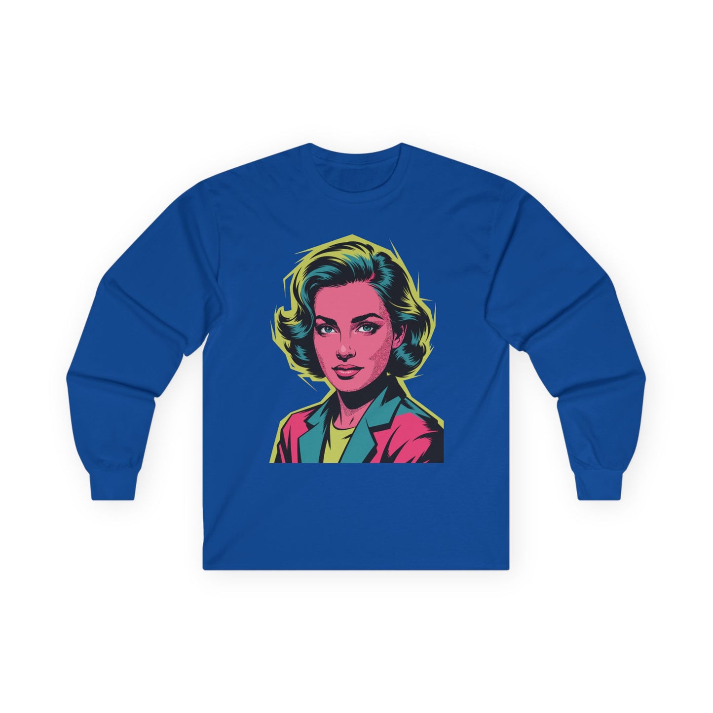TEEZOCA colorful retro pop art woman illustration unisex long-sleeve t-shirt Blue long-sleeve shirt with a colorful graphic of a woman's face on a white background