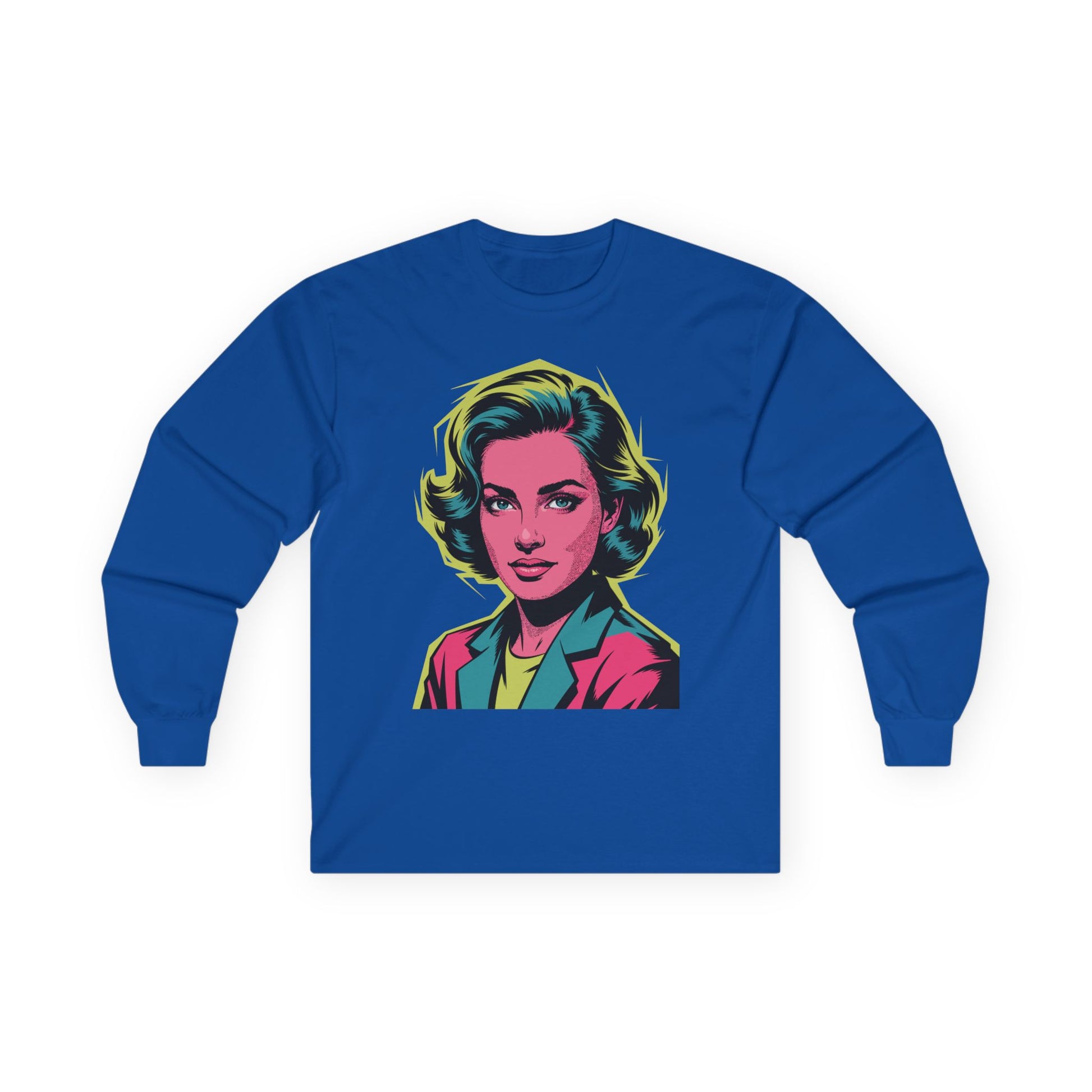 TEEZOCA colorful retro pop art woman illustration unisex long-sleeve t-shirt Blue long-sleeve shirt with a colorful graphic of a woman's face on a white background