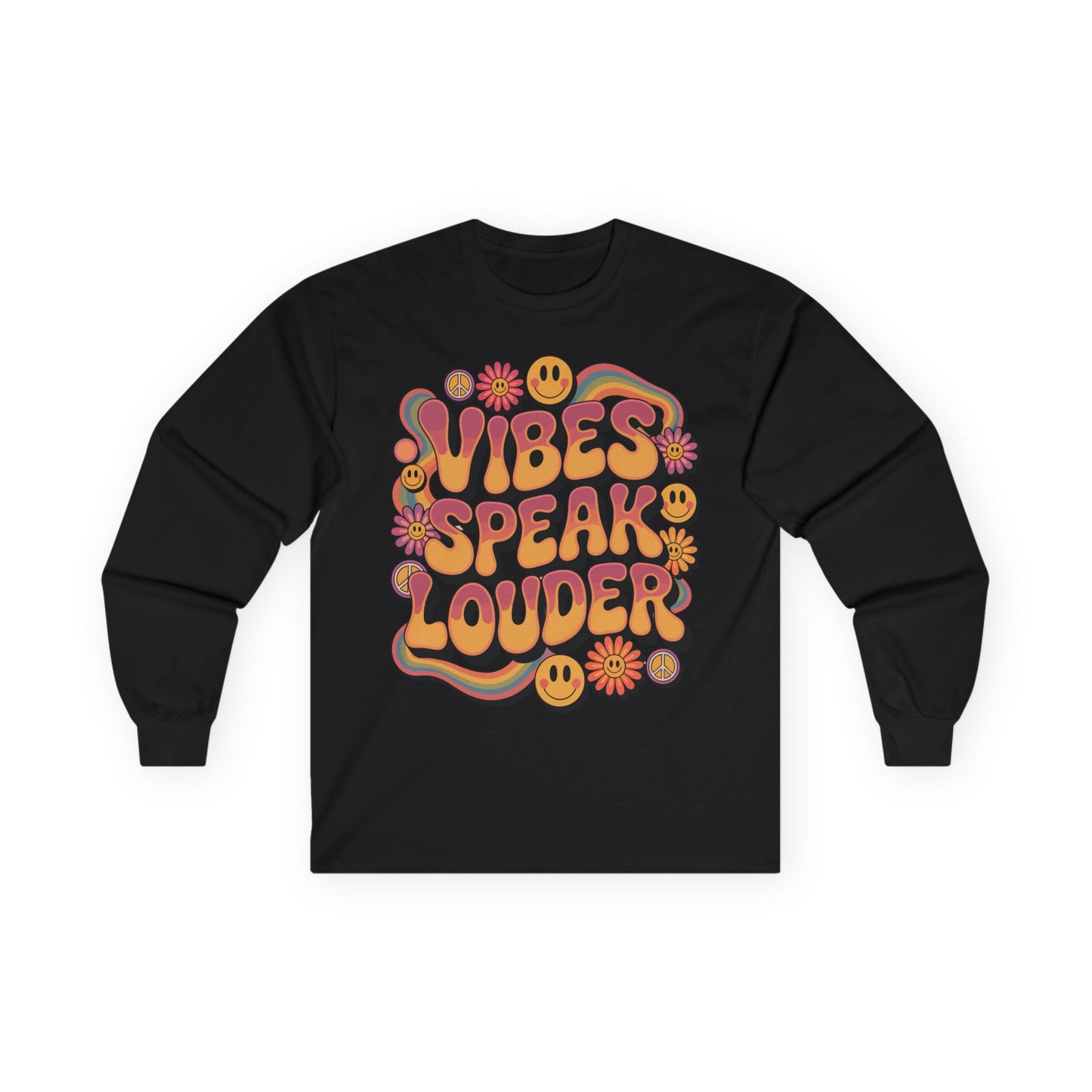 TEEZOCA colorful smiley and rainbow vibes speak louder unisex long-sleeve t-shirt Black long-sleeve shirt with colorful 'Vibes Speak Louder' text design on a white background
