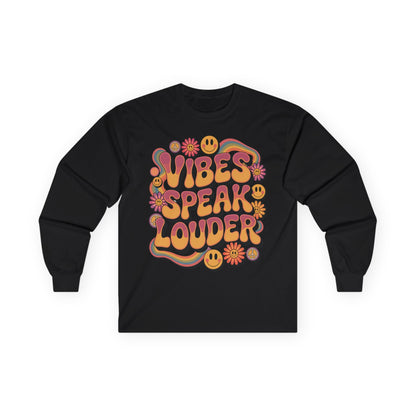 TEEZOCA colorful smiley and rainbow vibes speak louder unisex long-sleeve t-shirt Black long-sleeve shirt with colorful 'Vibes Speak Louder' text design on a white background