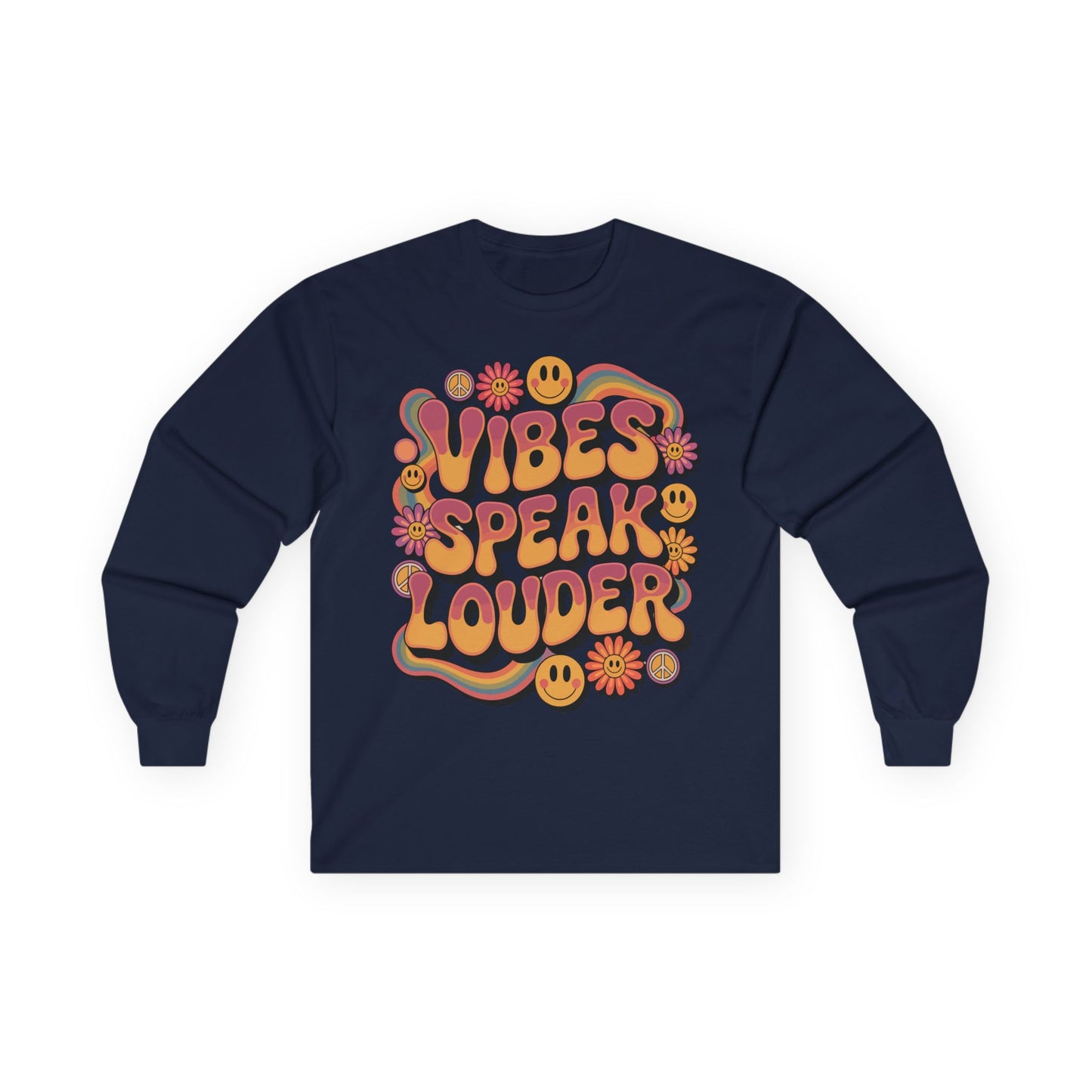 TEEZOCA colorful smiley and rainbow vibes speak louder unisex long-sleeve t-shirt Navy blue long-sleeve shirt with colorful 'Vibes Speak Louder' text design on a white background
