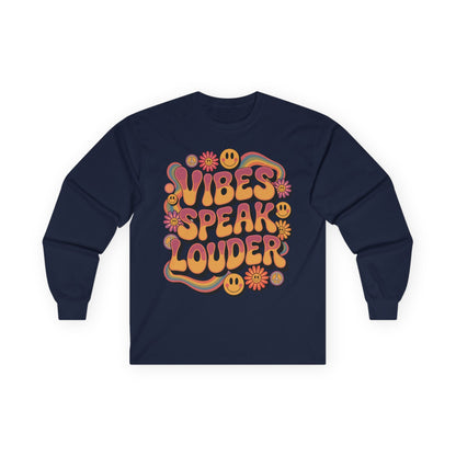 TEEZOCA colorful smiley and rainbow vibes speak louder unisex long-sleeve t-shirt Navy blue long-sleeve shirt with colorful 'Vibes Speak Louder' text design on a white background