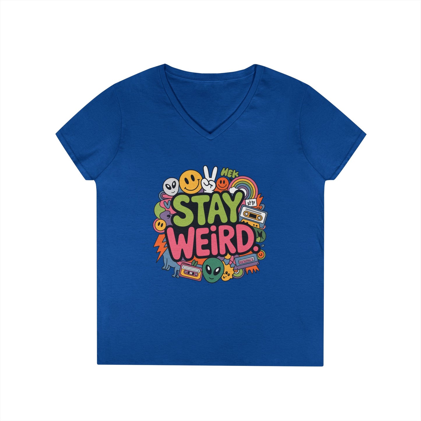 Stay Weird Retro Smiley Collage V-Neck T-Shirt for Women | TEEZOCA 