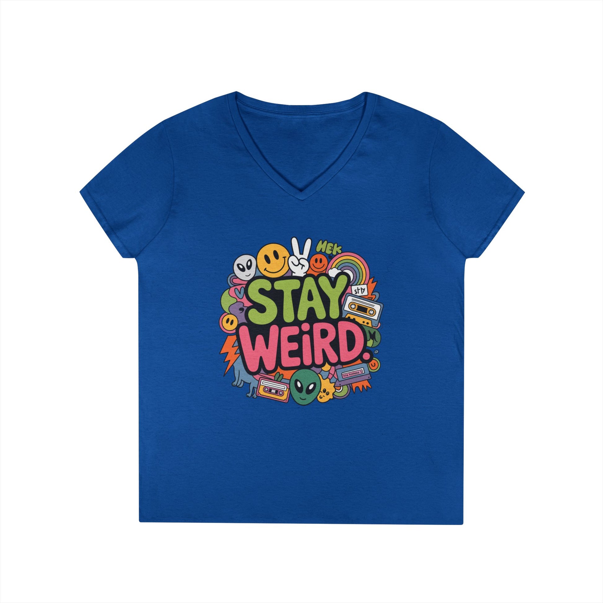 Stay Weird Retro Smiley Collage V-Neck T-Shirt for Women | TEEZOCA 