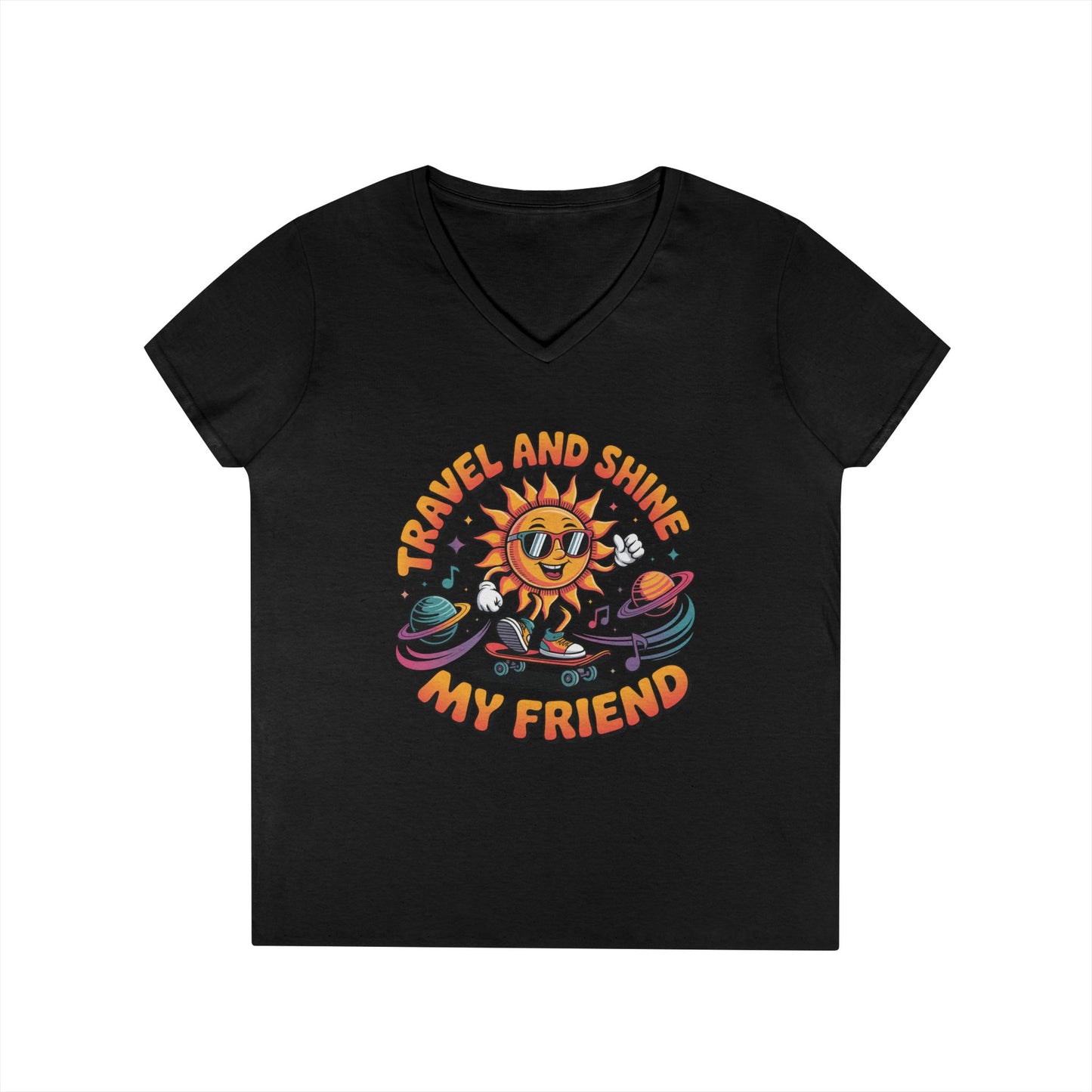 Travel and Shine Graphic Women’s V-Neck T-Shirt Retro Sun Design | TEEZOCA 