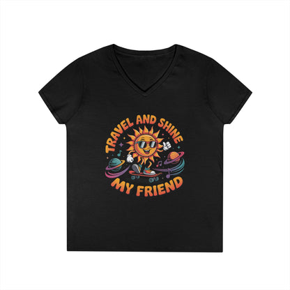 Travel and Shine Graphic Women’s V-Neck T-Shirt Retro Sun Design | TEEZOCA 
