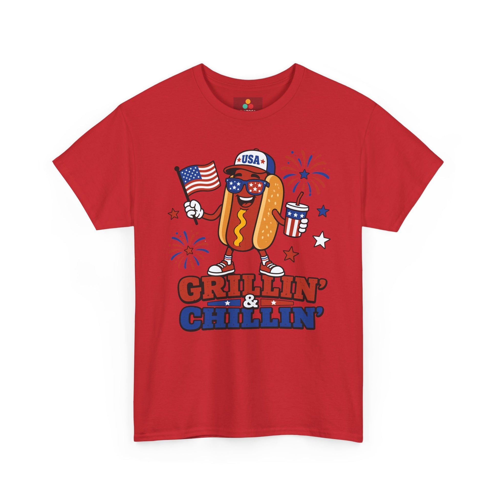 TEEZOCA cookout shirt t-shirt with USA hot dog shirt artwork, Grillin & Chillin slogan, flag, fireworks, and summer BBQ mood.
