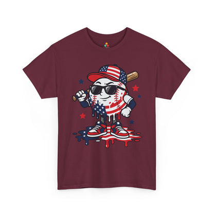 TEEZOCA cool baseball shirt t-shirt with baseball cartoon shirt style, sunglasses, sneakers, and red navy patriotic accents.
