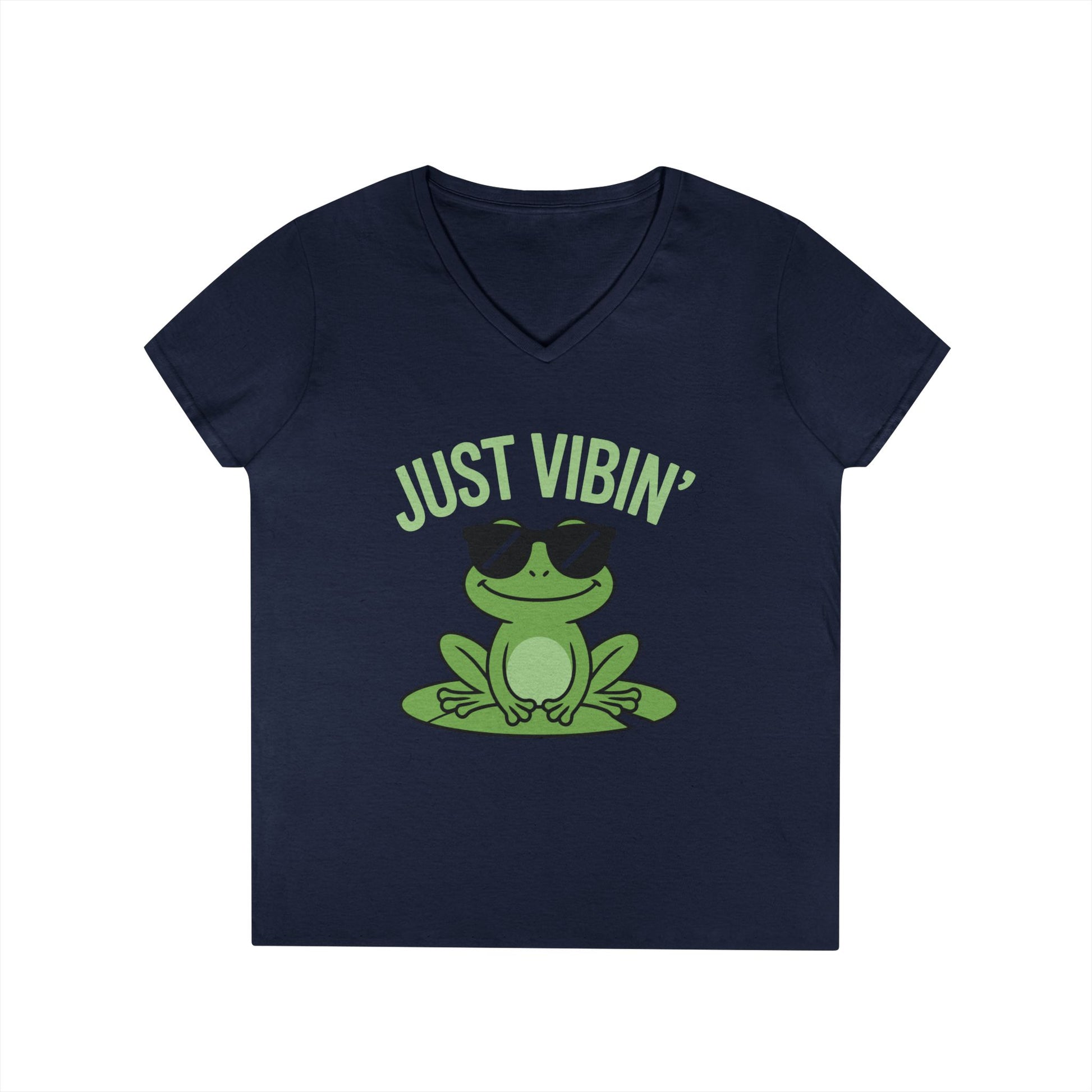 Just Vibin’ Frog Chill Graphic V-Neck T-Shirt for Women | TEEZOCA 