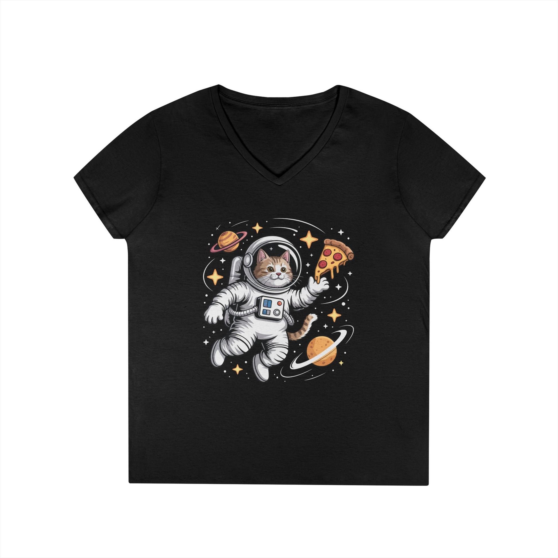 Astronaut Cat Pizza Space Vibes V-Neck T-Shirt for Women | TEEZOCA 