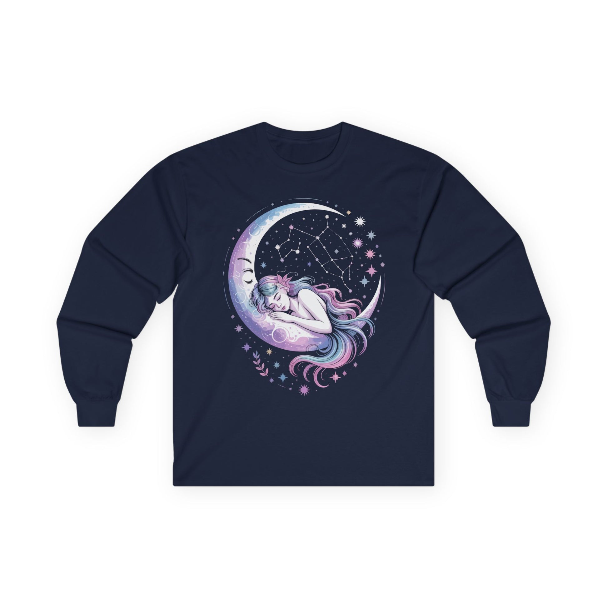 TEEZOCA cosmic dreamer celestial artwork on unisex long-sleeve t-shirt Navy blue long-sleeve shirt with a celestial design featuring a crescent moon and starry sky on a white background.