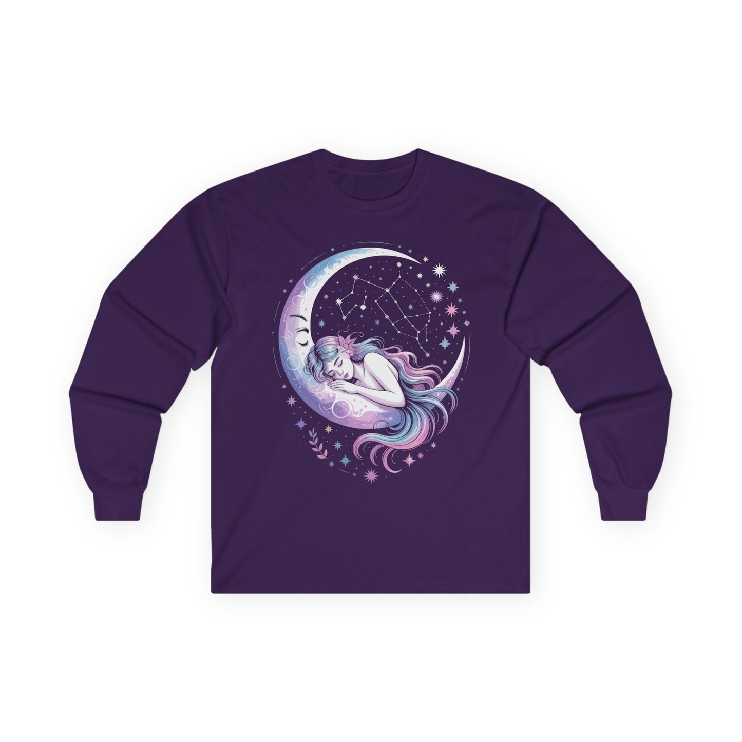 TEEZOCA cosmic dreamer celestial artwork on unisex long-sleeve t-shirt Purple long-sleeve shirt with a celestial design of a woman on a crescent moon.