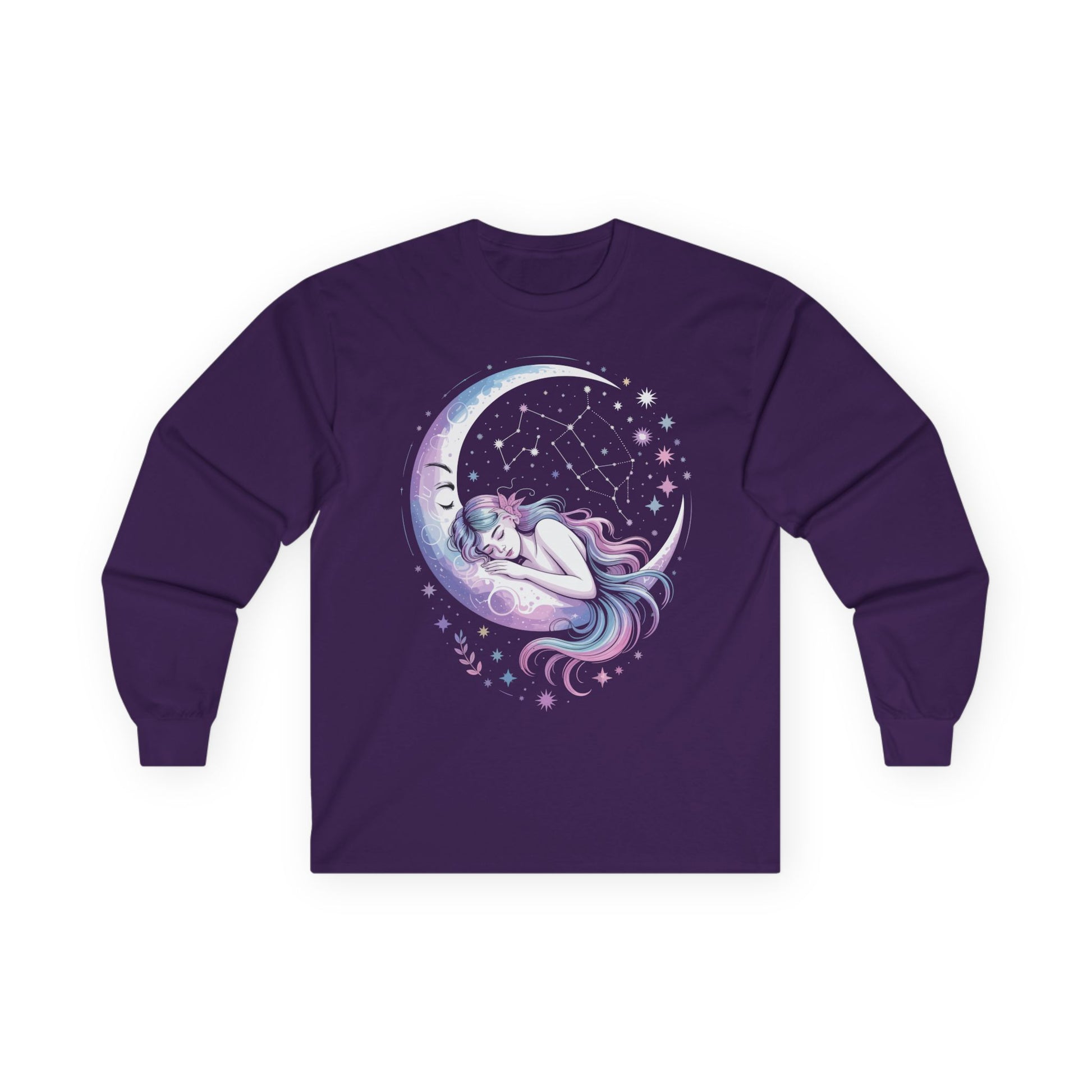 TEEZOCA cosmic dreamer celestial artwork on unisex long-sleeve t-shirt Purple long-sleeve shirt with a celestial design of a woman on a crescent moon.