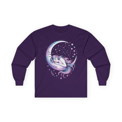 TEEZOCA cosmic dreamer celestial artwork on unisex long-sleeve t-shirt Purple long-sleeve shirt with a celestial design of a woman on a crescent moon.