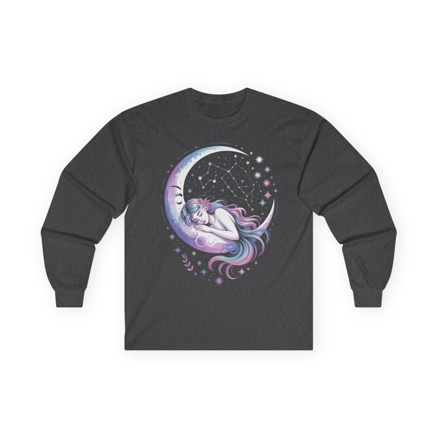 TEEZOCA cosmic dreamer moon and galaxy design on unisex long-sleeve t-shirt Black long-sleeve shirt with a colorful graphic of a crescent moon and sleeping girl on a white background
