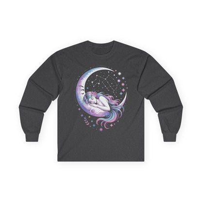 TEEZOCA cosmic dreamer moon and galaxy design on unisex long-sleeve t-shirt Black long-sleeve shirt with a colorful graphic of a crescent moon and sleeping girl on a white background