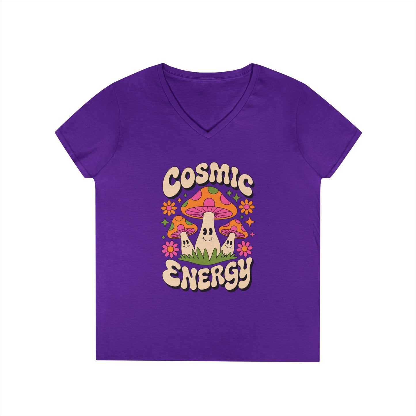 Cosmic Energy Happy Mushroom Graphic V-Neck T-Shirt for Women | TEEZOCA 