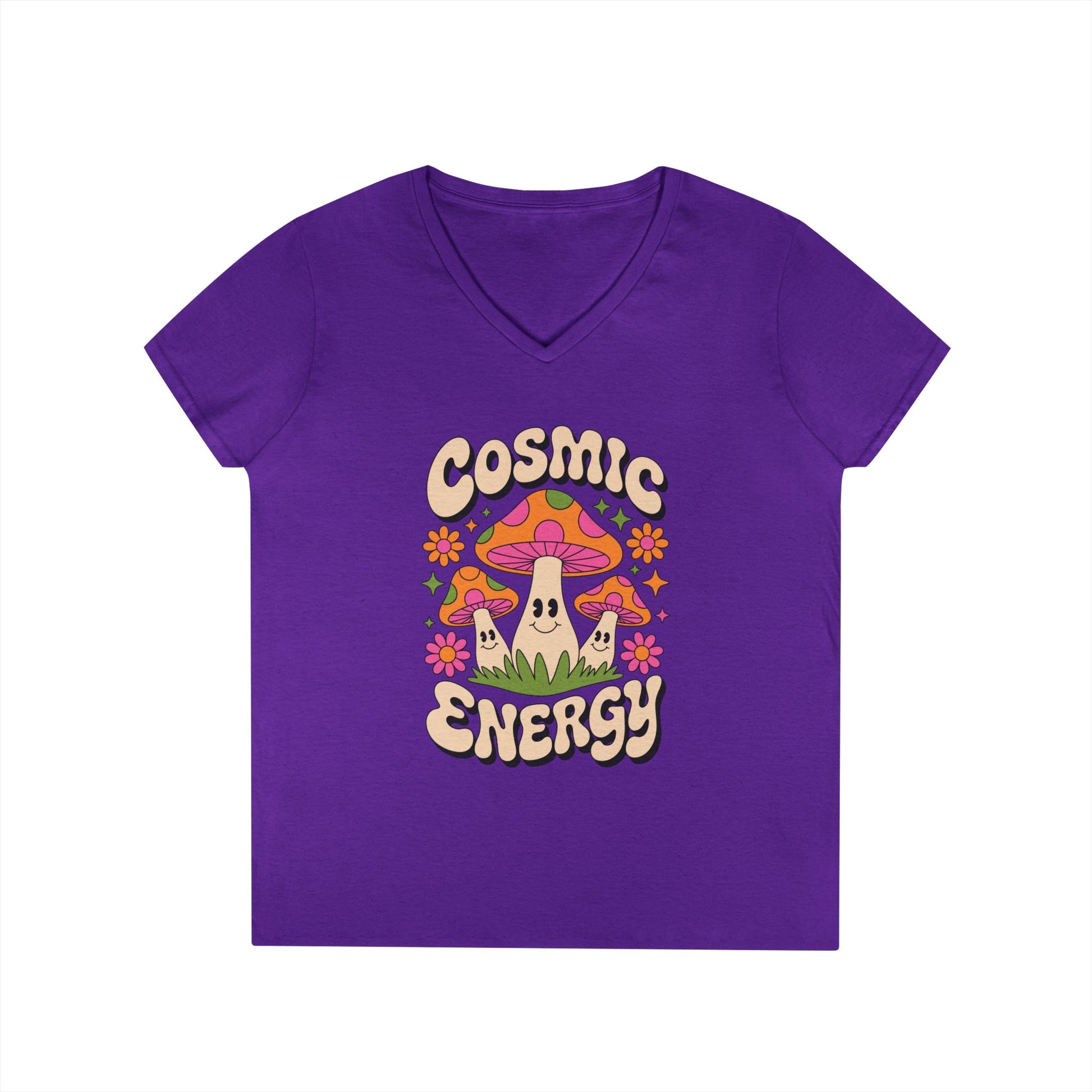 Cosmic Energy Happy Mushroom Graphic V-Neck T-Shirt for Women | TEEZOCA 