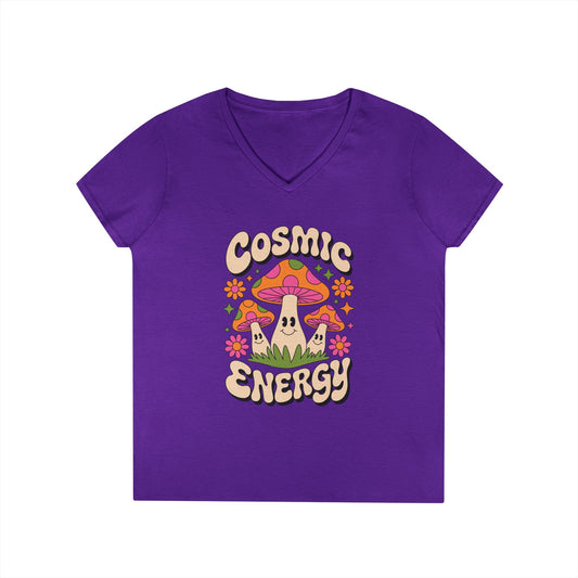 Cosmic Energy Happy Mushroom Graphic V-Neck T-Shirt for Women | TEEZOCA 