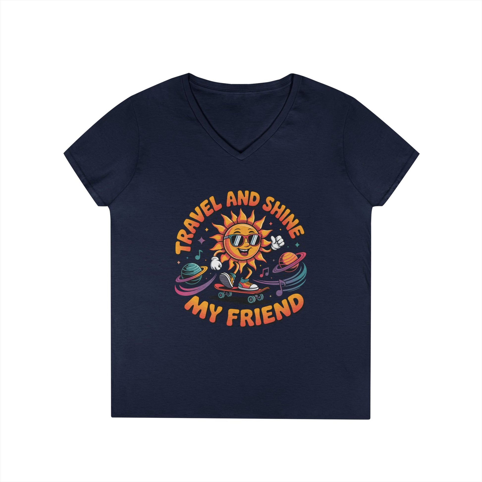 Travel and Shine Graphic Women’s V-Neck T-Shirt Retro Sun Design | TEEZOCA 