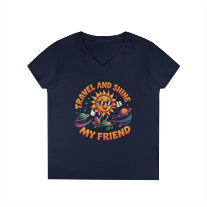 Travel and Shine Graphic Women’s V-Neck T-Shirt Retro Sun Design | TEEZOCA 