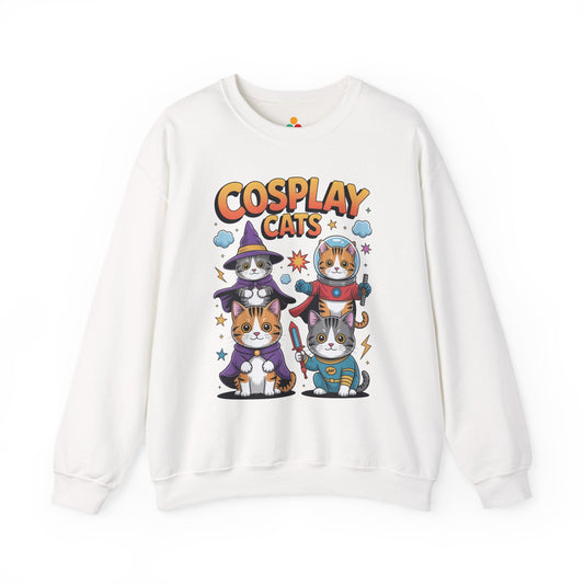 TEEZOCA cosplay cats sweatshirt with cats dressed as wizard and astronaut White sweatshirt with 'Cosplay Cats' graphic on a white background