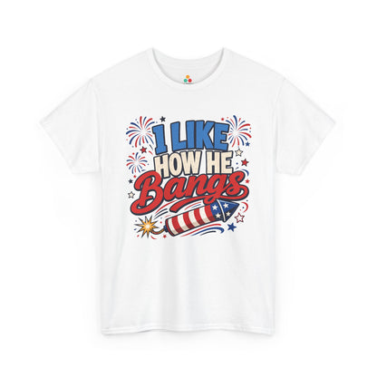 TEEZOCA couples 4th of July shirts t-shirt with I Like How He Bangs lettering, fireworks, stars, and a striped rocket.
