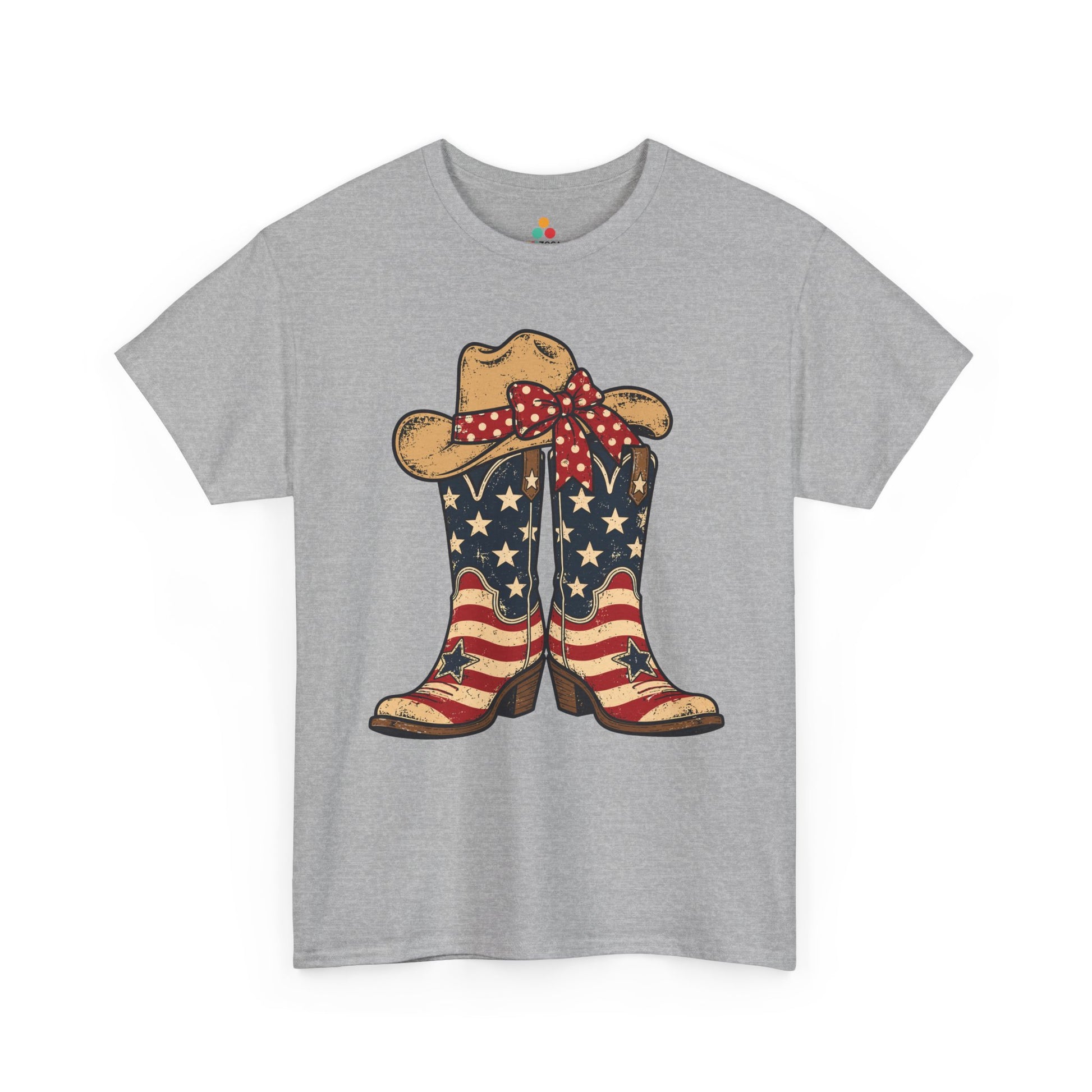 TEEZOCA cowgirl shirt T-shirt with distressed American flag cowboy boots, cowgirl hat, and red bow for Western patriotic style.
