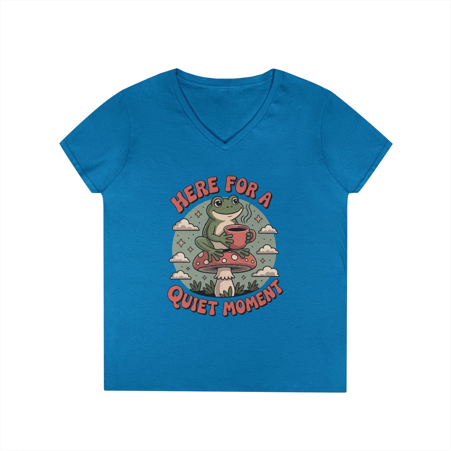 Here for a Quiet Moment Frog Coffee Graphic V-Neck T-Shirt for Women | TEEZOCA 