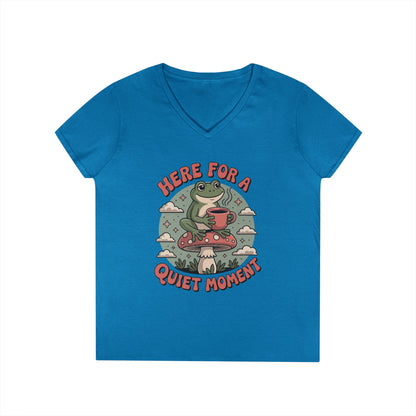 Here for a Quiet Moment Frog Coffee Graphic V-Neck T-Shirt for Women | TEEZOCA 