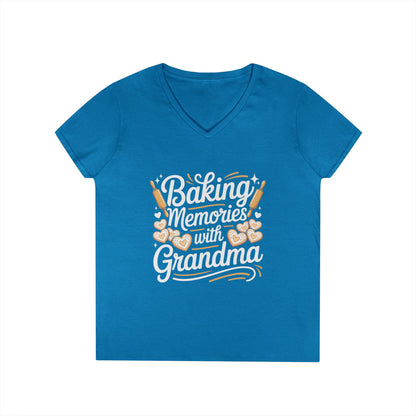 Baking Memories with Grandma V-Neck T-Shirt Sweet Family Love Tee | TEEZOCA 