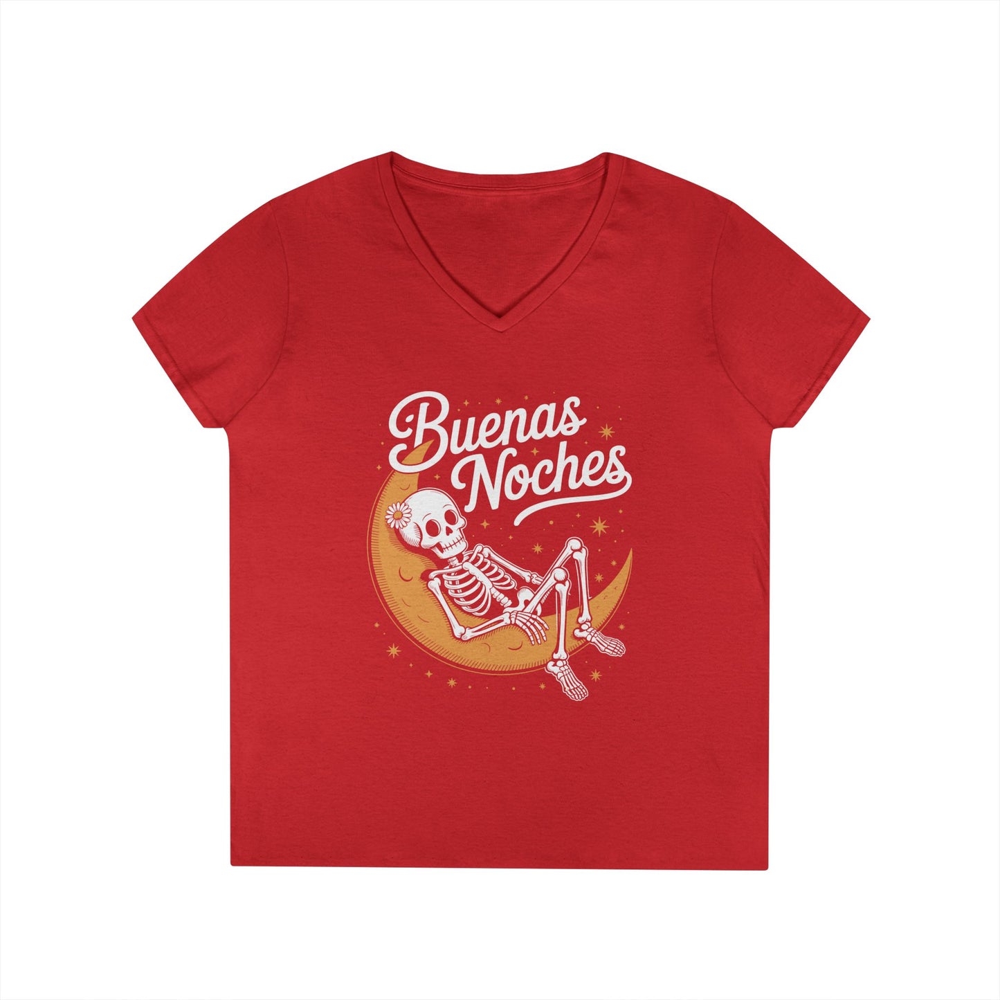 Buenas Noches Skeleton Moon Night Art Aesthetic V-Neck T-Shirt | TEEZOCA 
