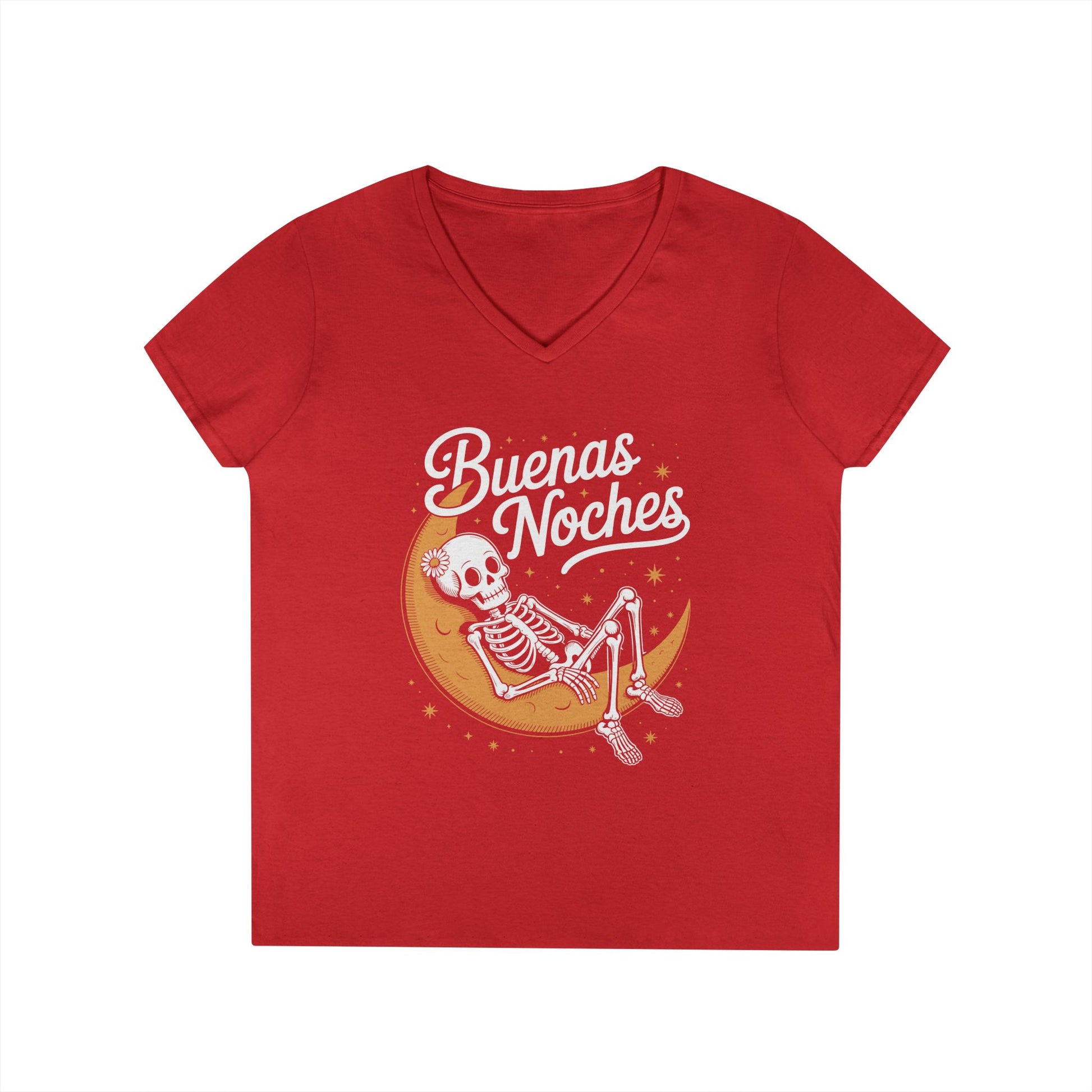 Buenas Noches Skeleton Moon Night Art Aesthetic V-Neck T-Shirt | TEEZOCA 