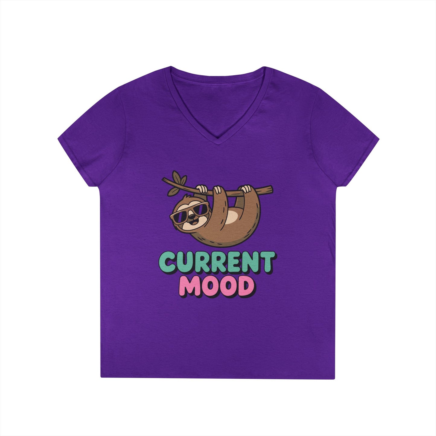 Cute Sloth Graphic V-Neck T-Shirt for Women with Chill Current Mood Vibes | TEEZOCA 