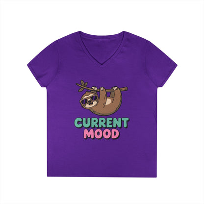 Cute Sloth Graphic V-Neck T-Shirt for Women with Chill Current Mood Vibes | TEEZOCA 