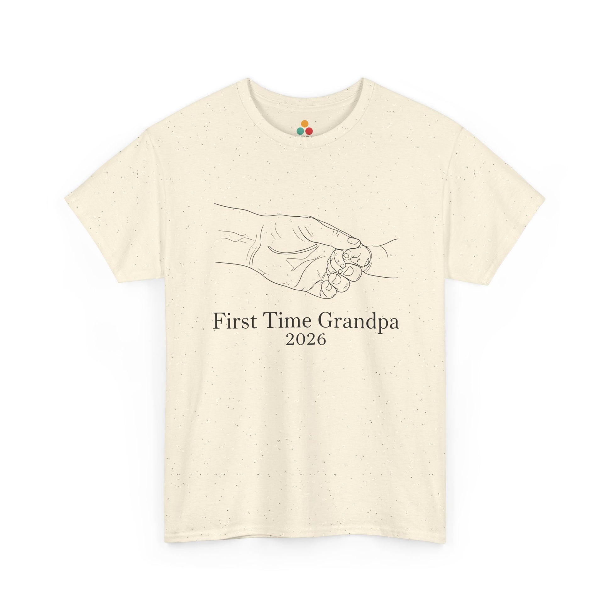 TEEZOCA cream “First Time Grandpa 2026” grandpa-to-be t-shirt shown flat.