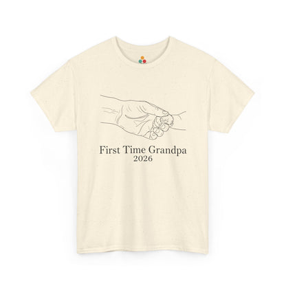 TEEZOCA cream “First Time Grandpa 2026” grandpa-to-be t-shirt shown flat.
