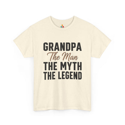 TEEZOCA cream “Grandpa The Man The Myth The Legend” minimalist grandpa tee shown flat.
