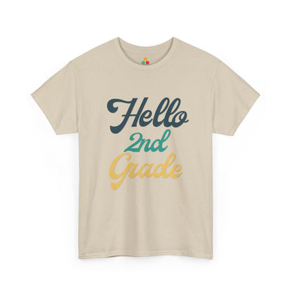 TEEZOCA cream "Hello 2nd Grade" retro graphic t-shirt shown flat.