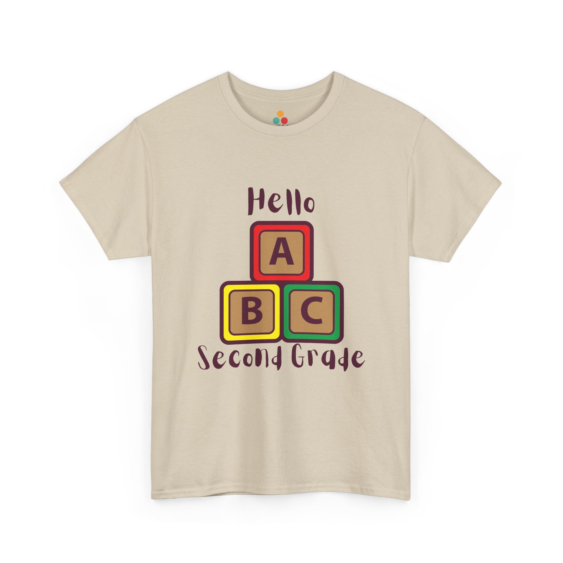 TEEZOCA cream "Hello Second Grade" ABC blocks graphic t-shirt shown flat.
