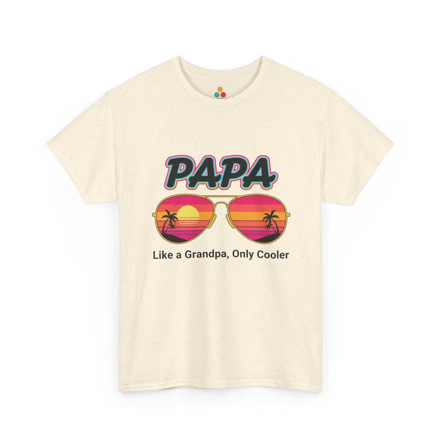 TEEZOCA cream “Papa” colorful sunglasses and palm trees t-shirt shown flat.