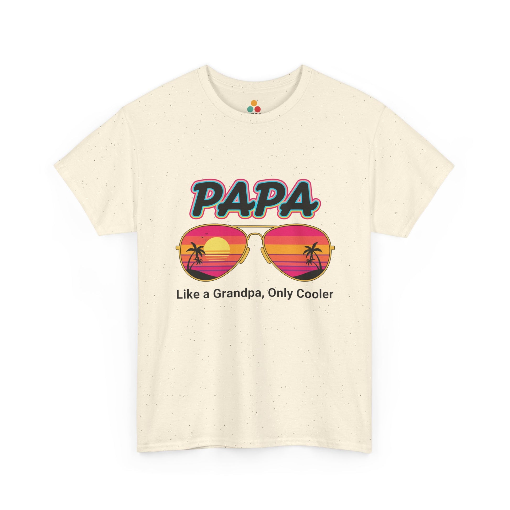 TEEZOCA cream “Papa” colorful sunglasses and palm trees t-shirt shown flat.